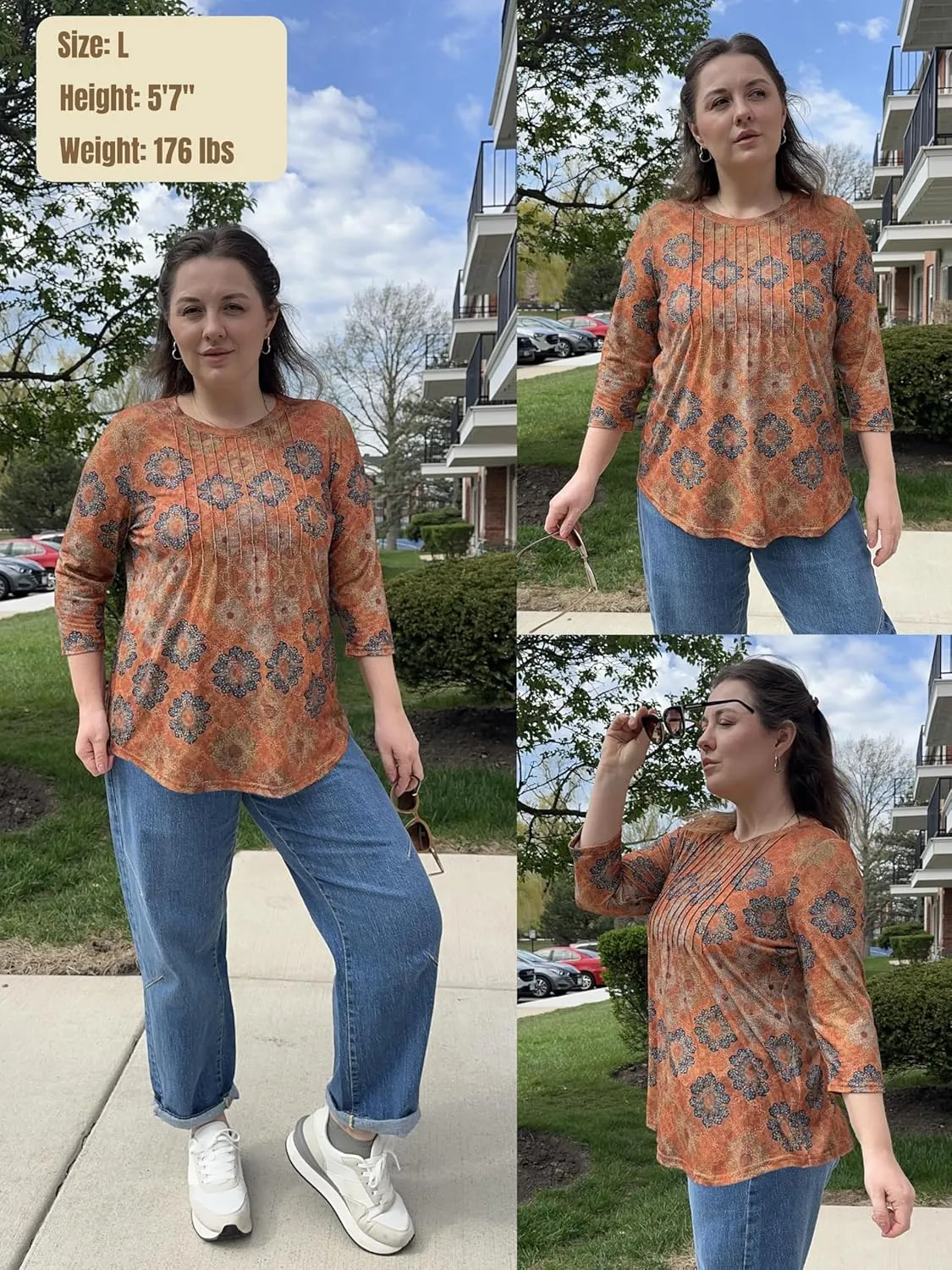 Zeagoo 3/4 Length Sleeve Womens Tops Crew Neck Loose Fit Shirts Pleated Cute Clothes Dressy Casual 2025 Summer Tunics