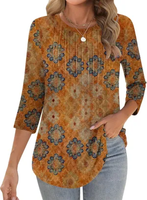 Zeagoo 3/4 Length Sleeve Womens Tops Crew Neck Loose Fit Shirts Pleated Cute Clothes Dressy Casual 2025 Summer Tunics